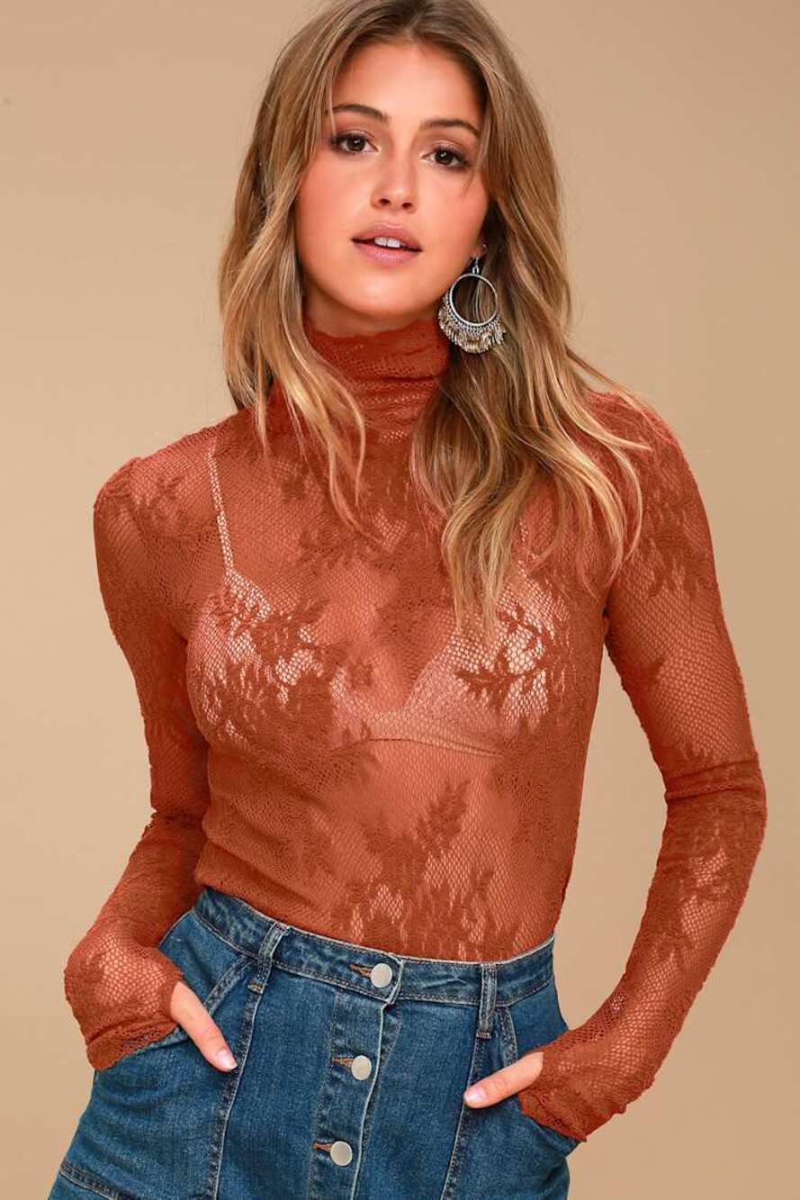 Free People Sweet Secrets Lace Layering Turtleneck Top,  XS